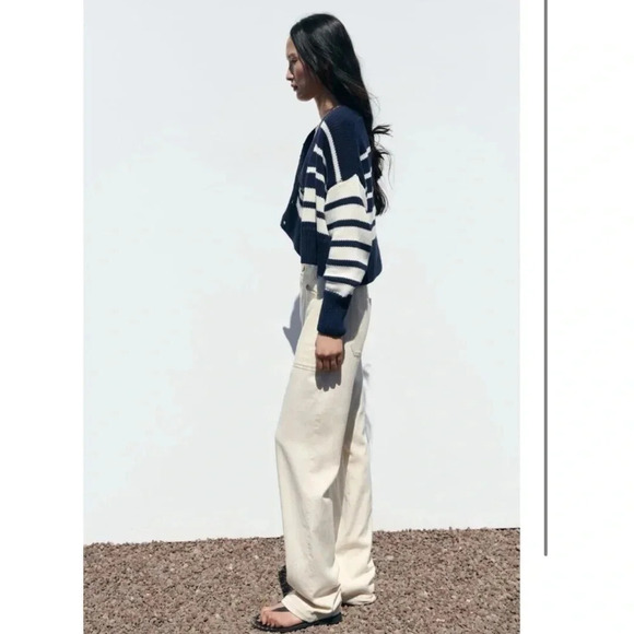 NWT Zara Striped Knit Cardigan Sweater Cropped V Neck Button Down - Picture 14 of 16